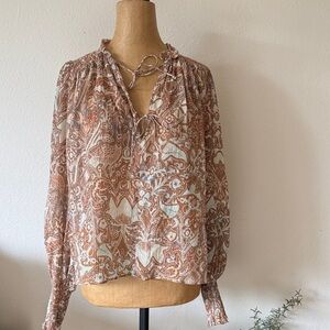 Ulla Johnson sz 6 Bohemian Brown Patterned cotton viscose blouse ruched metallic